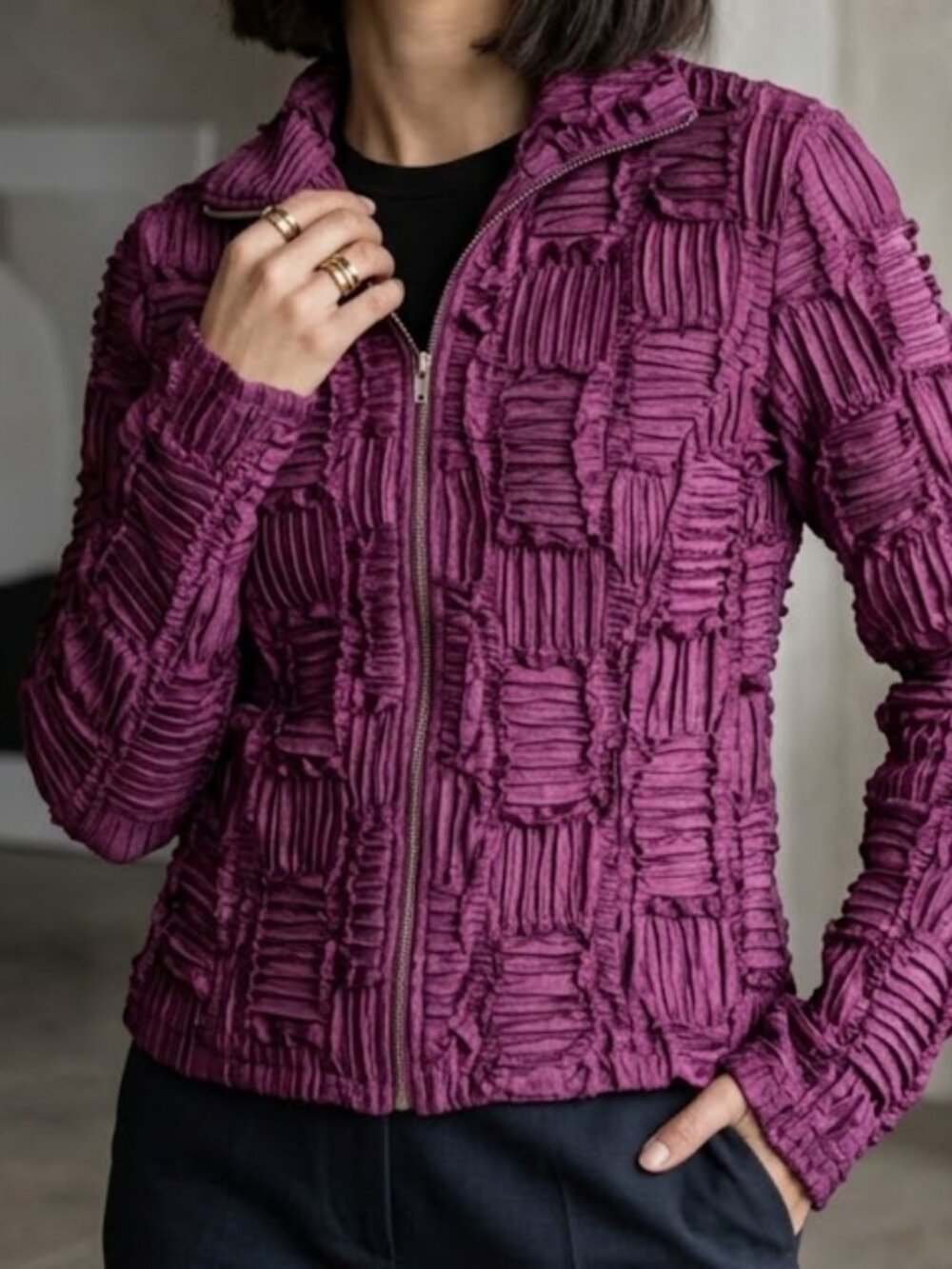 Vintage Samuel Dong Dark Purple Geometric Ribbon Texture Full Zip Jacket Small